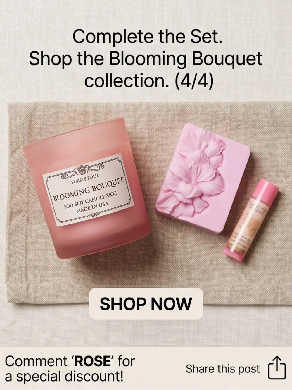 Blooming Bouquet Pink Floral Soy Candle • Soap • Lip balm In window Gift box set